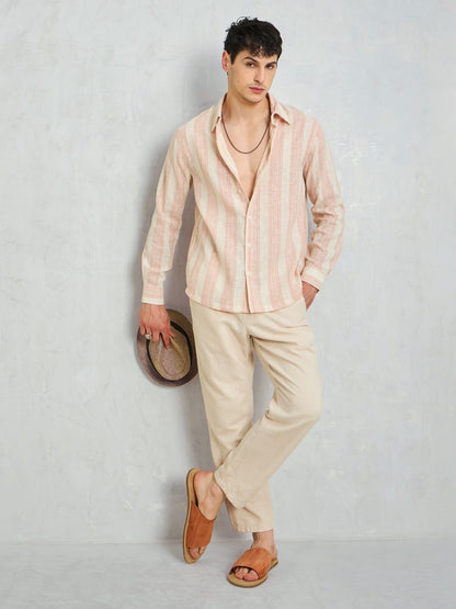 Men Beige & Pink Cotton Stripes Relax Fit Shirt