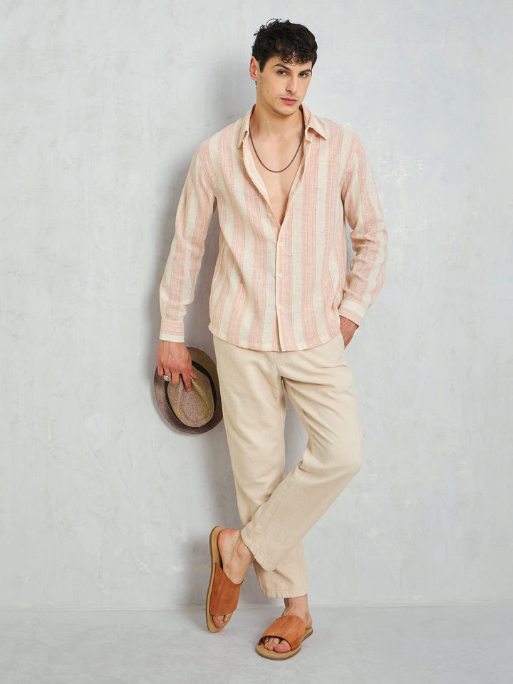 Men Beige &amp; Pink Cotton Stripes Relax Fit Shirt