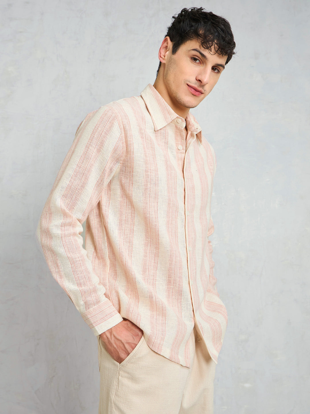 Men Beige &amp; Pink Cotton Stripes Relax Fit Shirt