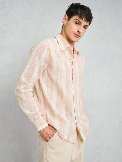 Men Beige & Pink Cotton Stripes Relax Fit Shirt