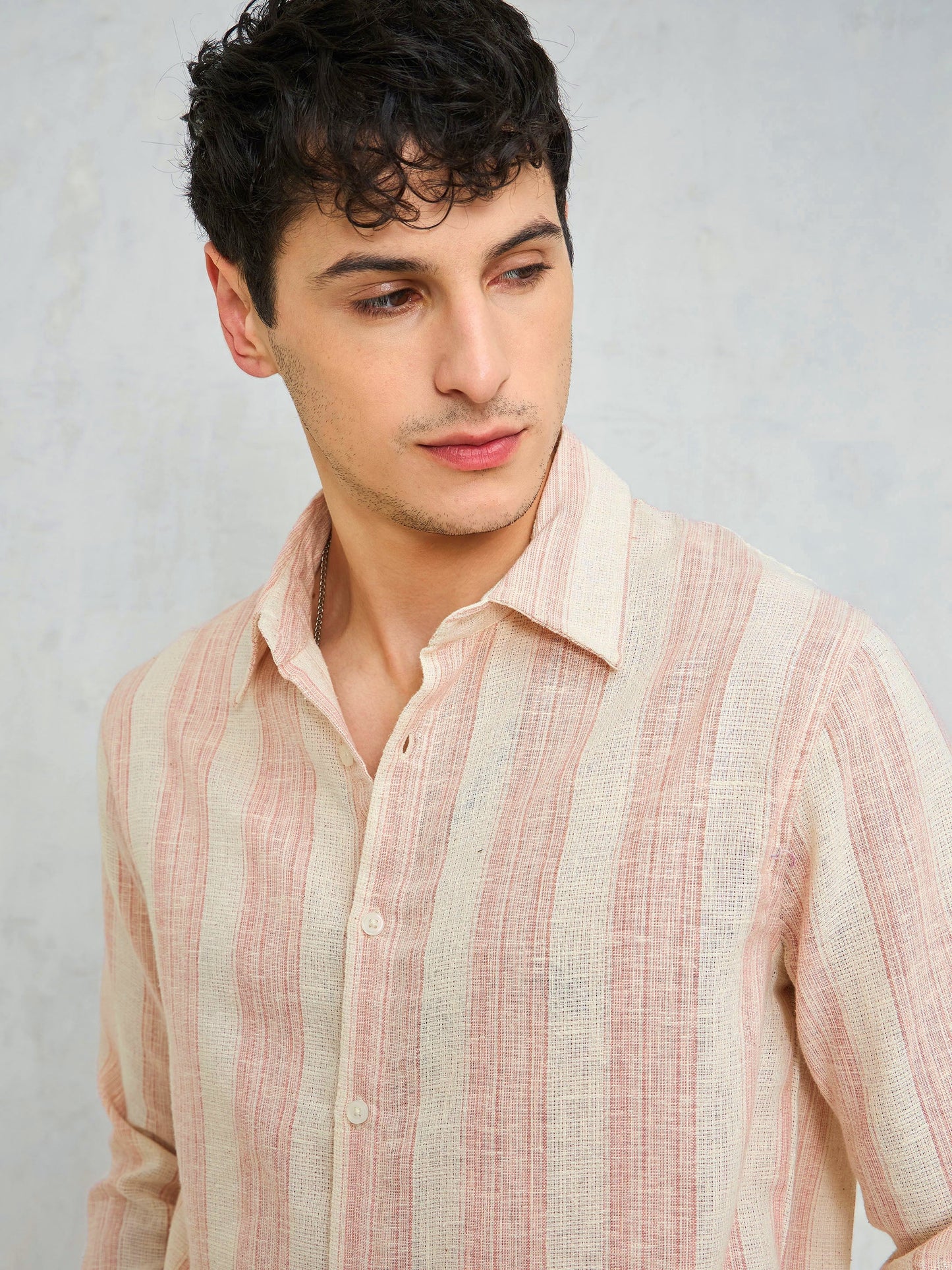 Men Beige & Pink Cotton Stripes Relax Fit Shirt