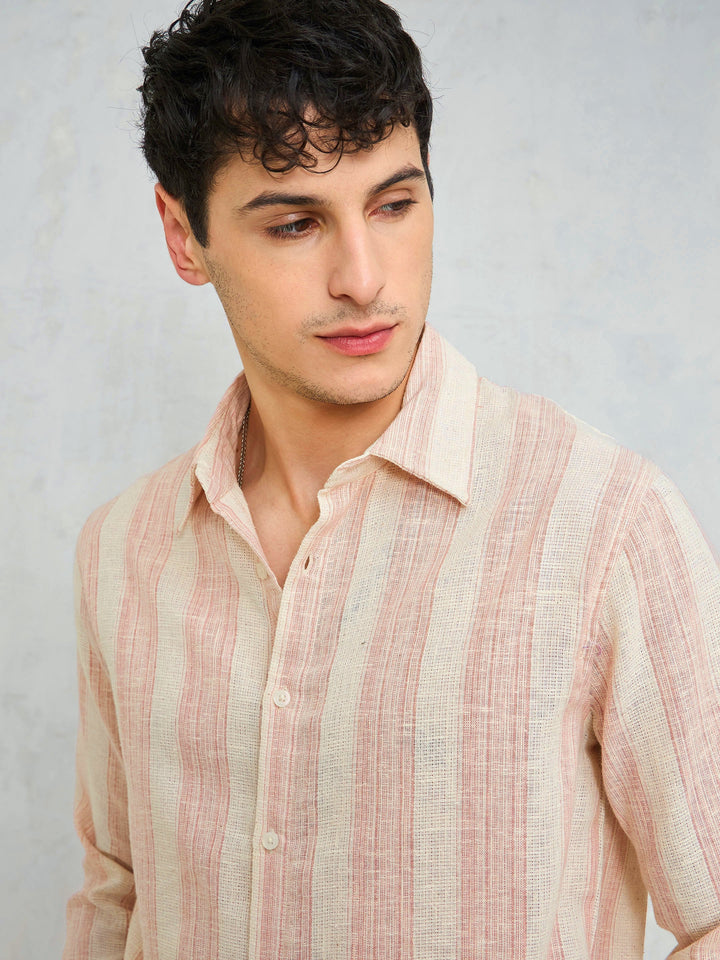 Men Beige &amp; Pink Cotton Stripes Relax Fit Shirt