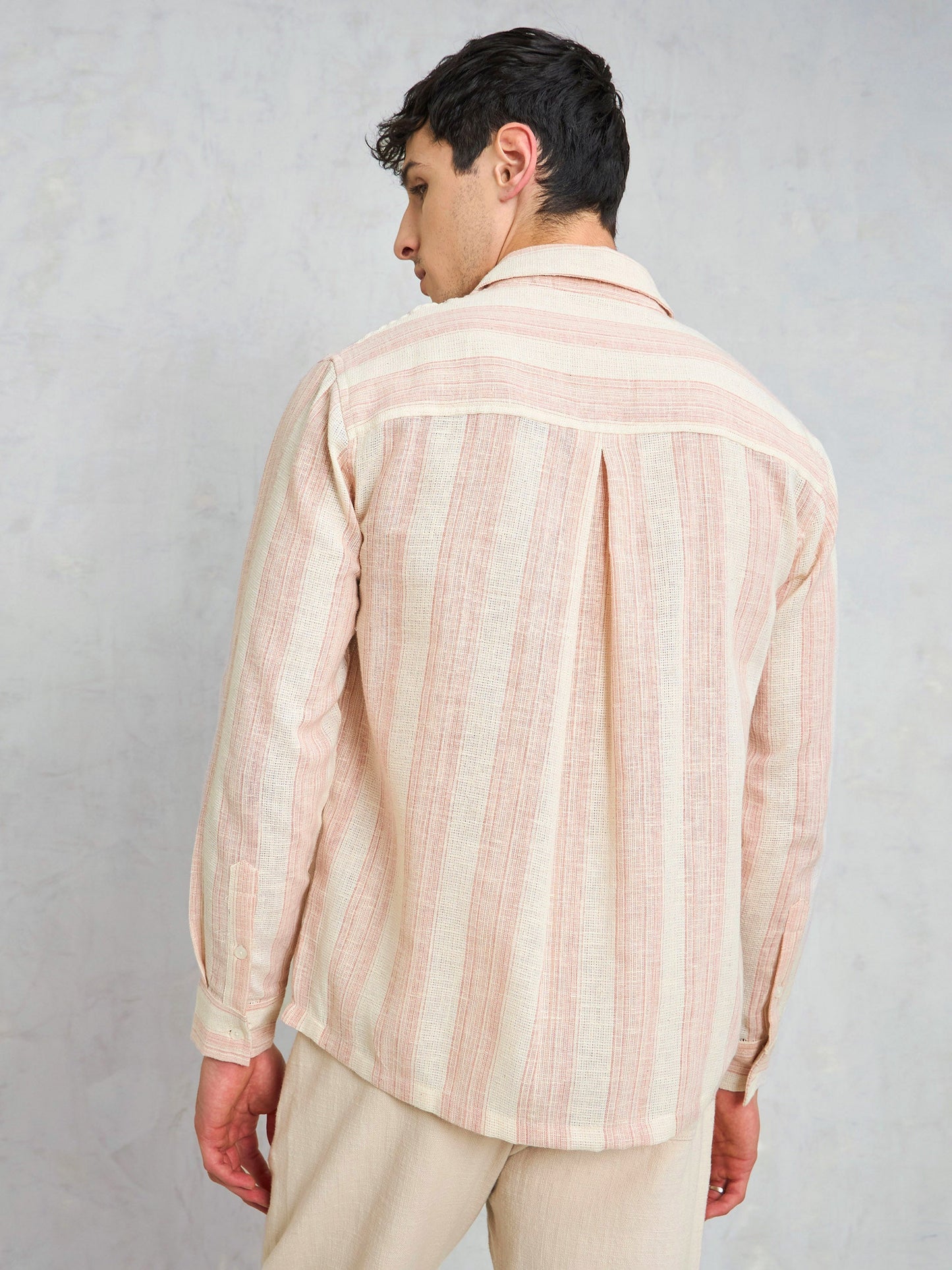 Men Beige & Pink Cotton Stripes Relax Fit Shirt