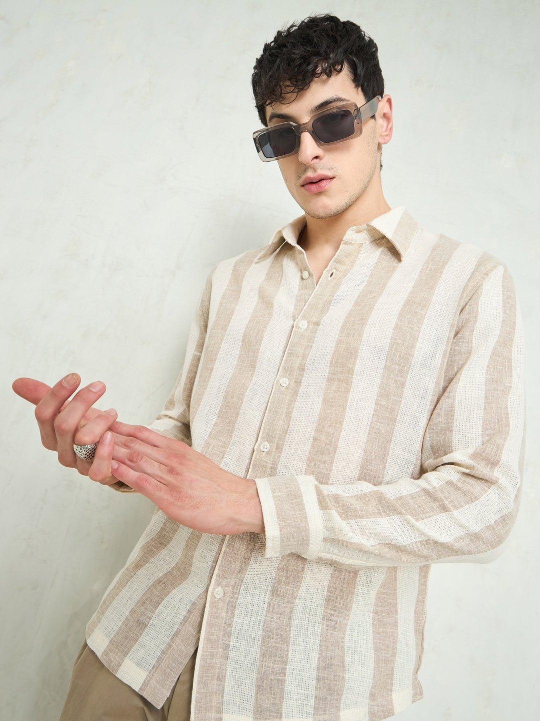 Men Beige &amp; Brown  Cotton Stripes Relax Fit Shirt