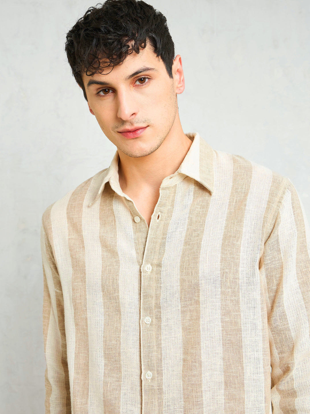 Men Beige &amp; Brown  Cotton Stripes Relax Fit Shirt