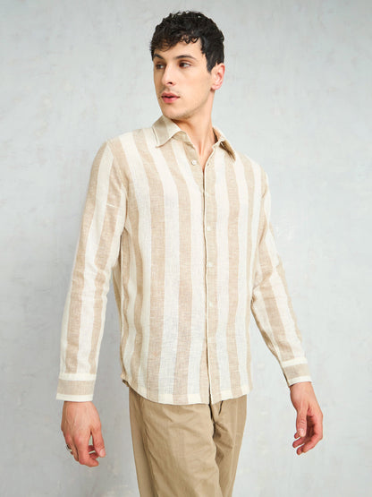 Men Beige & Brown  Cotton Stripes Relax Fit Shirt
