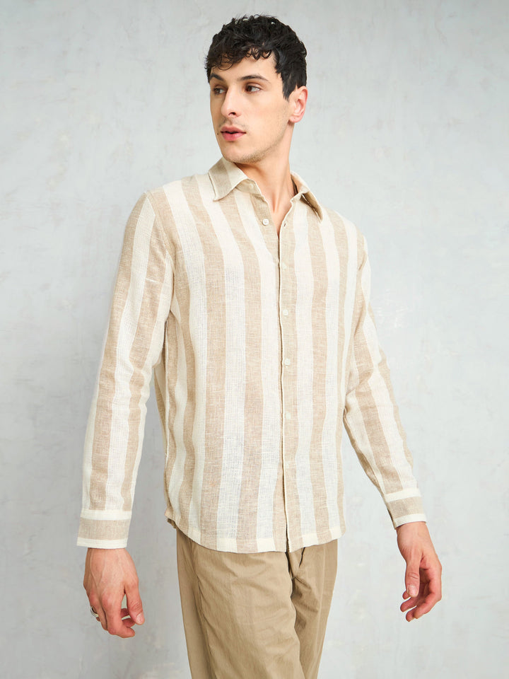 Men Beige &amp; Brown  Cotton Stripes Relax Fit Shirt