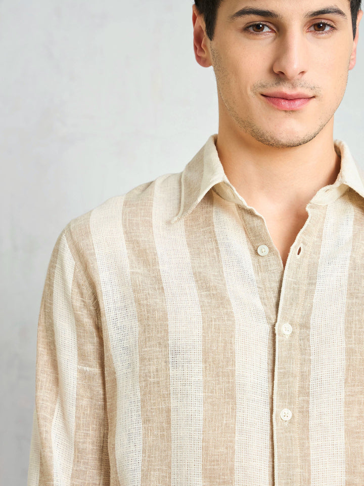 Men Beige &amp; Brown  Cotton Stripes Relax Fit Shirt