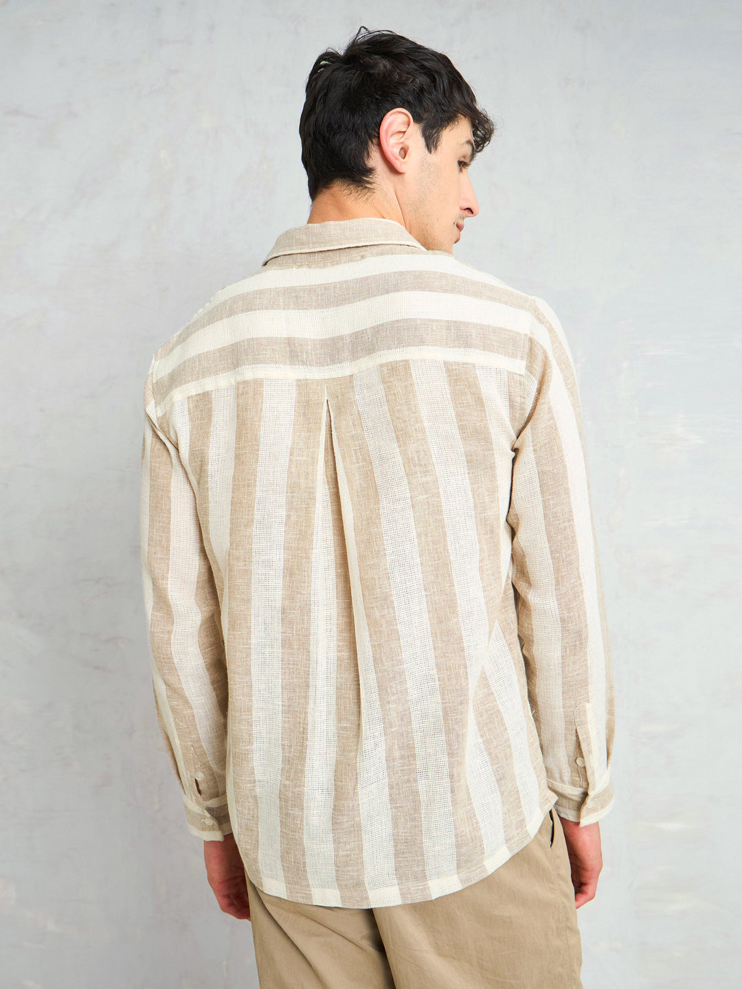 Men Beige &amp; Brown  Cotton Stripes Relax Fit Shirt
