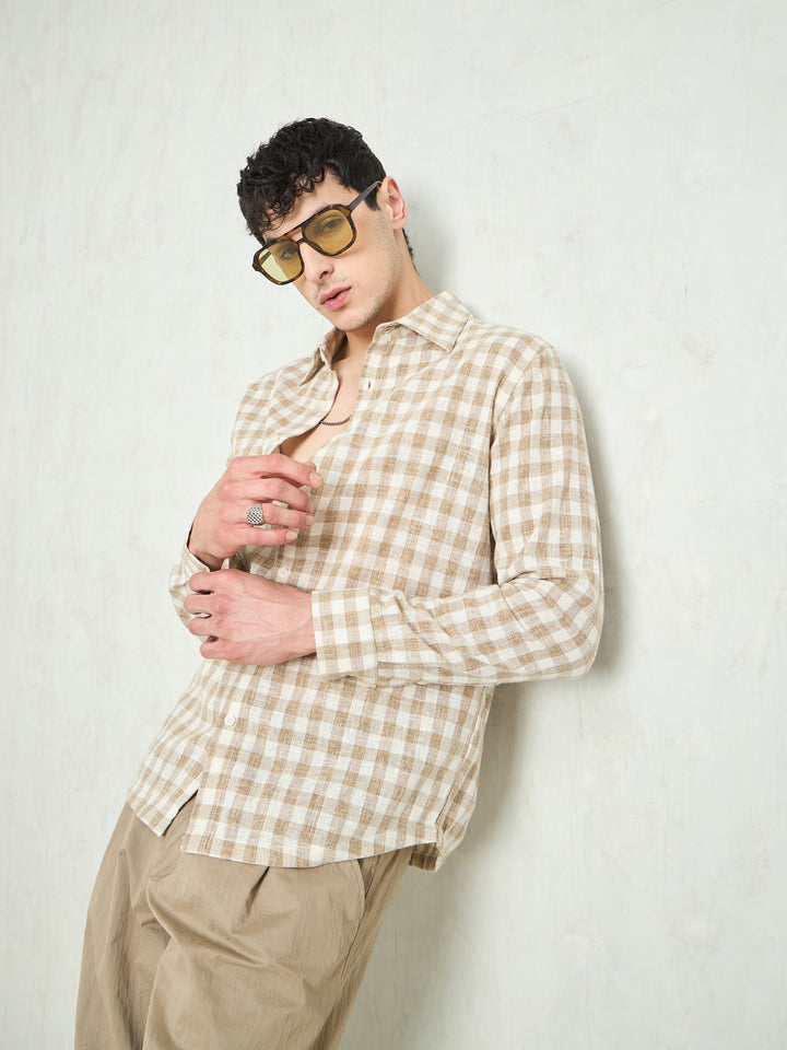 Men Beige &amp; Brown Cotton Check Relax Fit Shirt