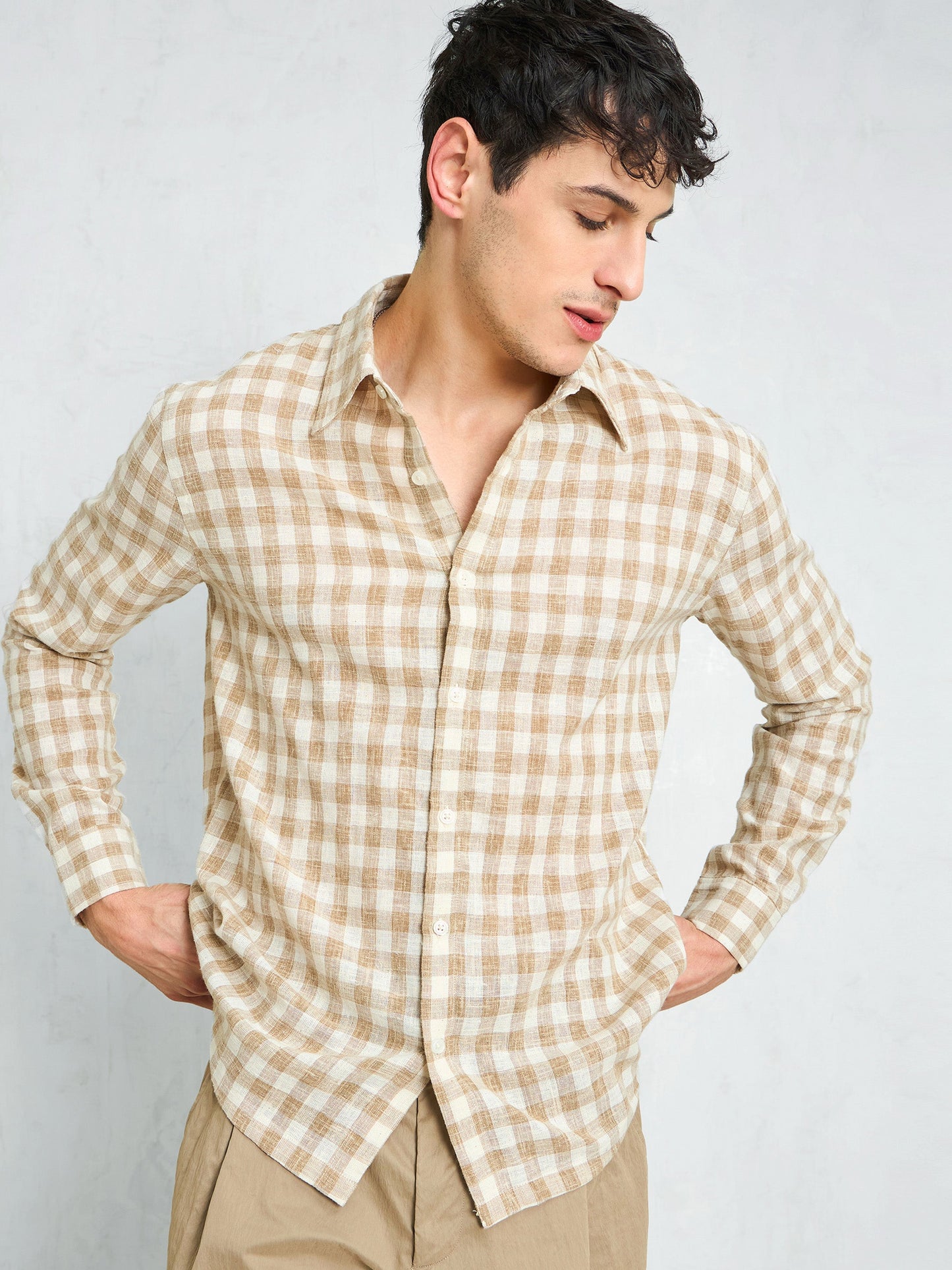 Men Beige & Brown Cotton Check Relax Fit Shirt