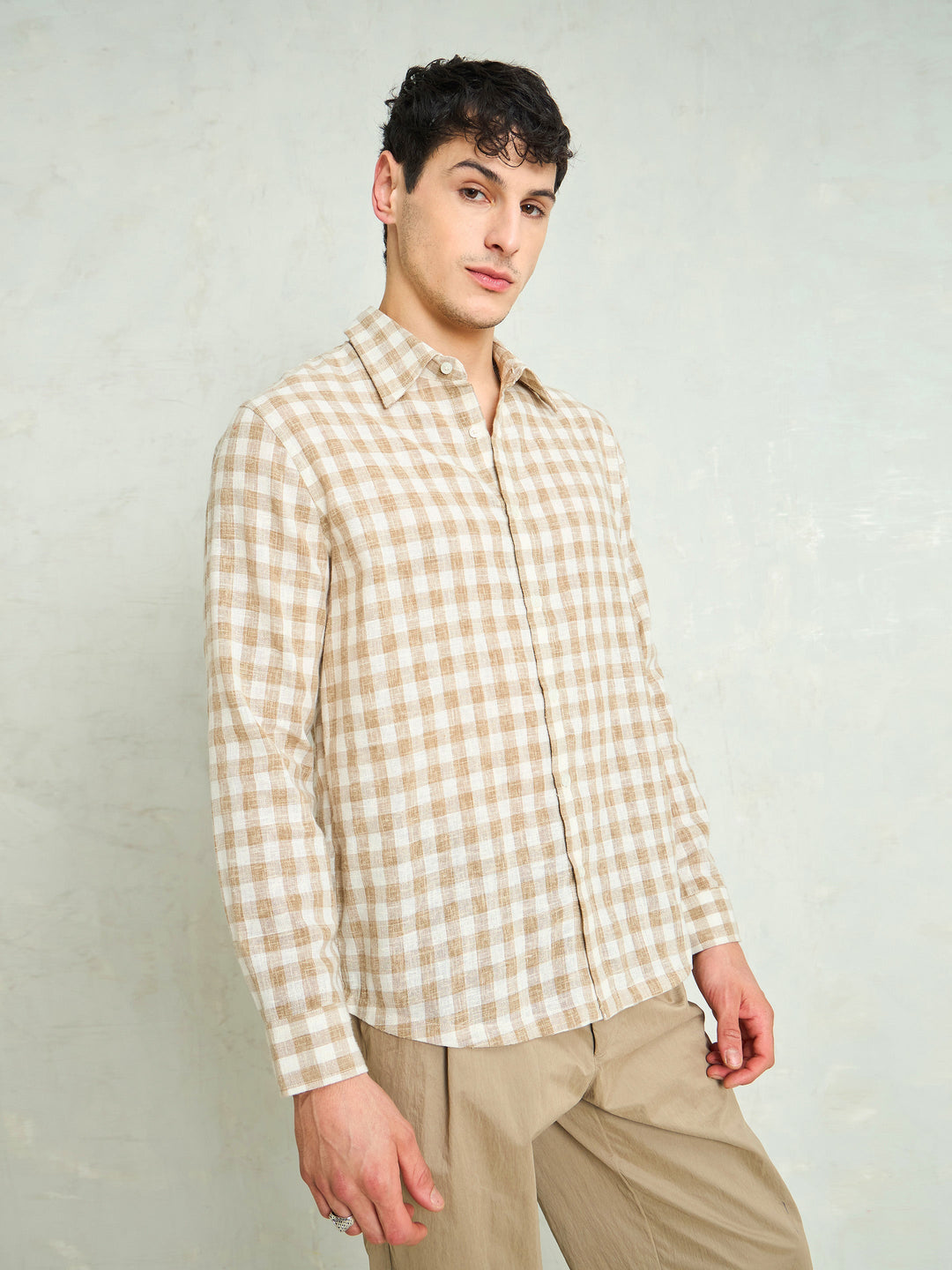 Men Beige &amp; Brown Cotton Check Relax Fit Shirt