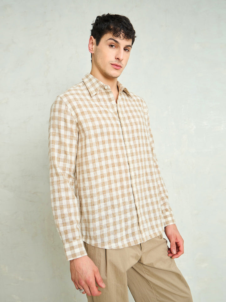 Men Beige &amp; Brown Cotton Check Relax Fit Shirt