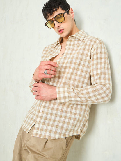 Men Beige & Brown Cotton Check Relax Fit Shirt