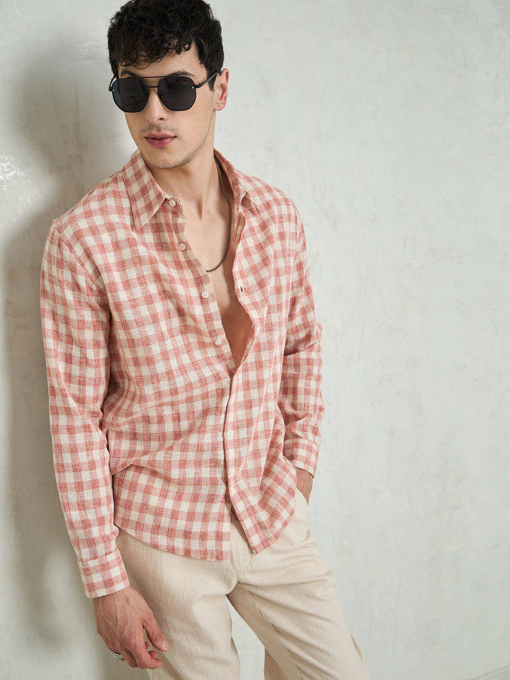 Men Beige &amp; Pink Cotton Check Relax Fit Shirt