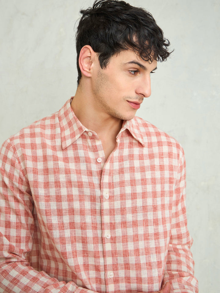 Men Beige &amp; Pink Cotton Check Relax Fit Shirt