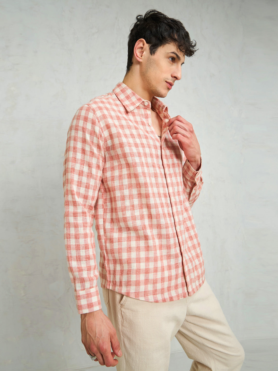 Men Beige &amp; Pink Cotton Check Relax Fit Shirt