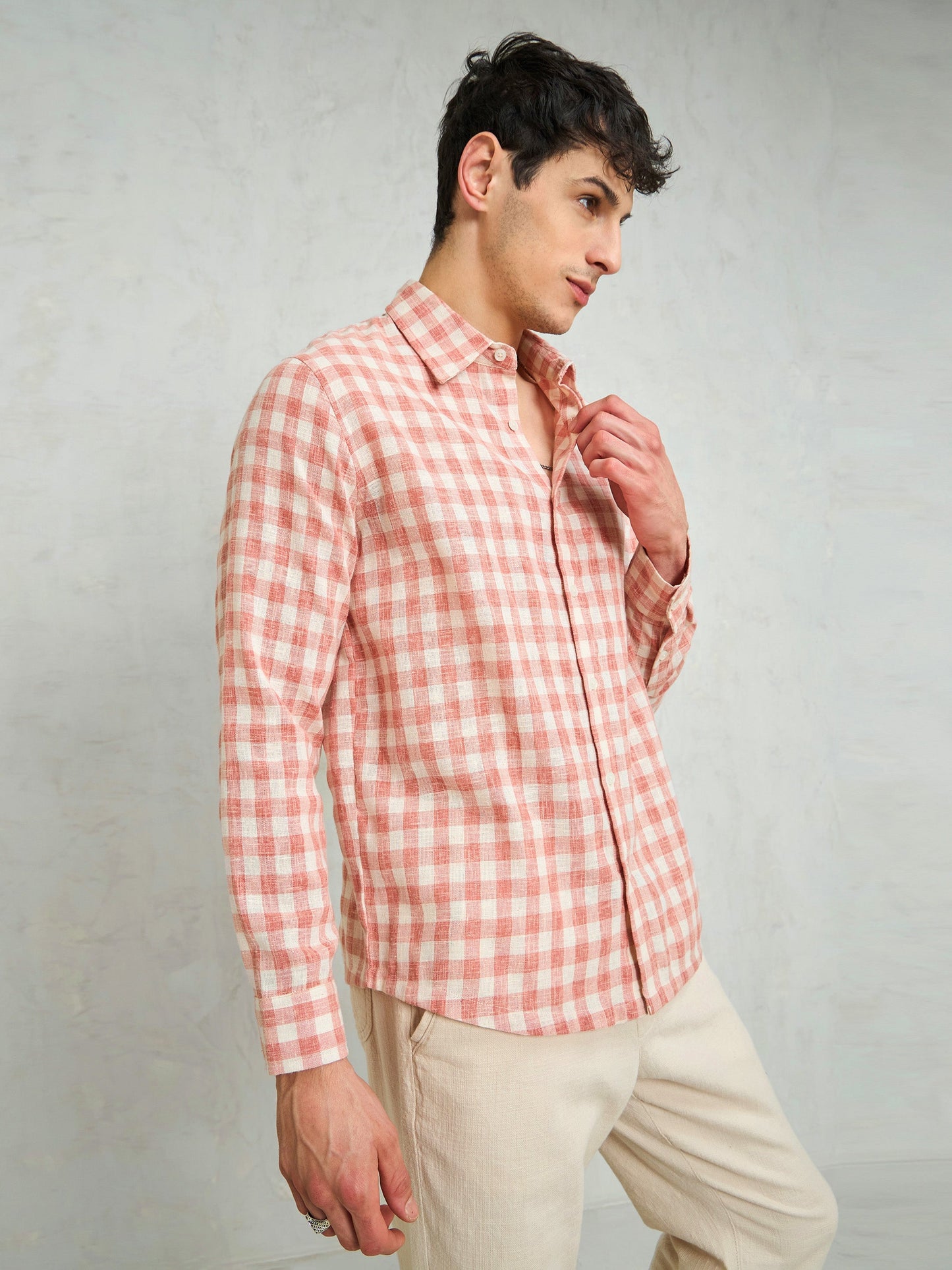 Men Beige & Pink Cotton Check Relax Fit Shirt