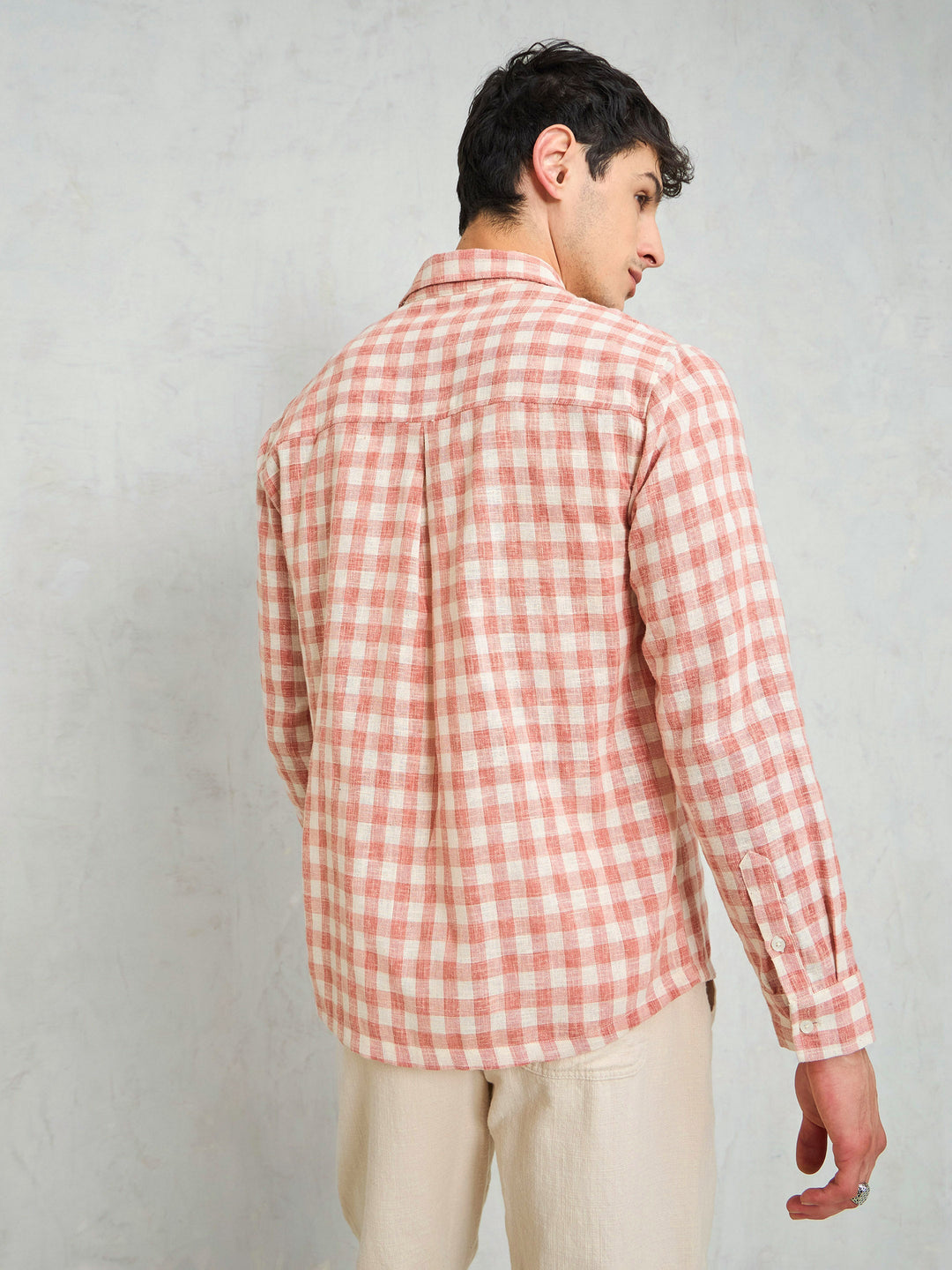 Men Beige &amp; Pink Cotton Check Relax Fit Shirt