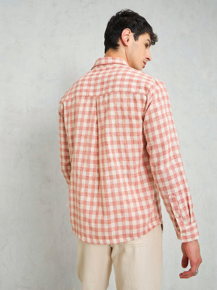 Men Beige &amp; Pink Cotton Check Relax Fit Shirt