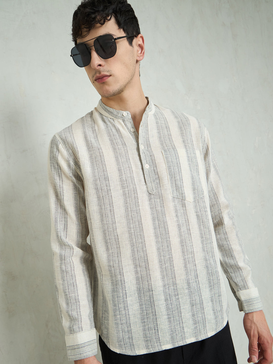 Men Beige &amp; Grey Cotton Relax Fit Kurta Shirt