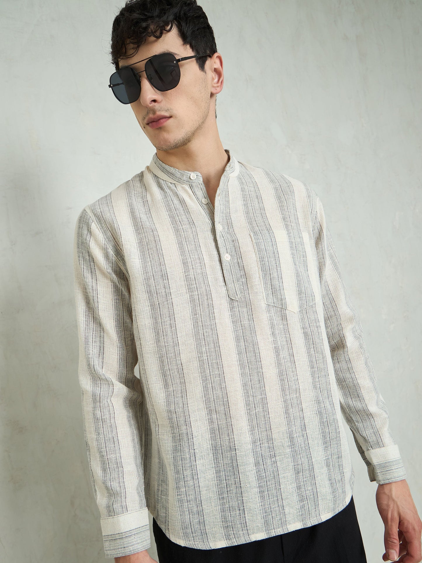 Men Beige & Grey Cotton Relax Fit Kurta Shirt