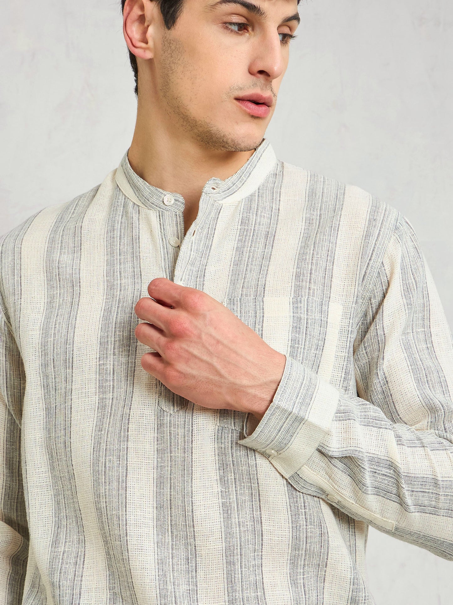 Men Beige & Grey Cotton Relax Fit Kurta Shirt