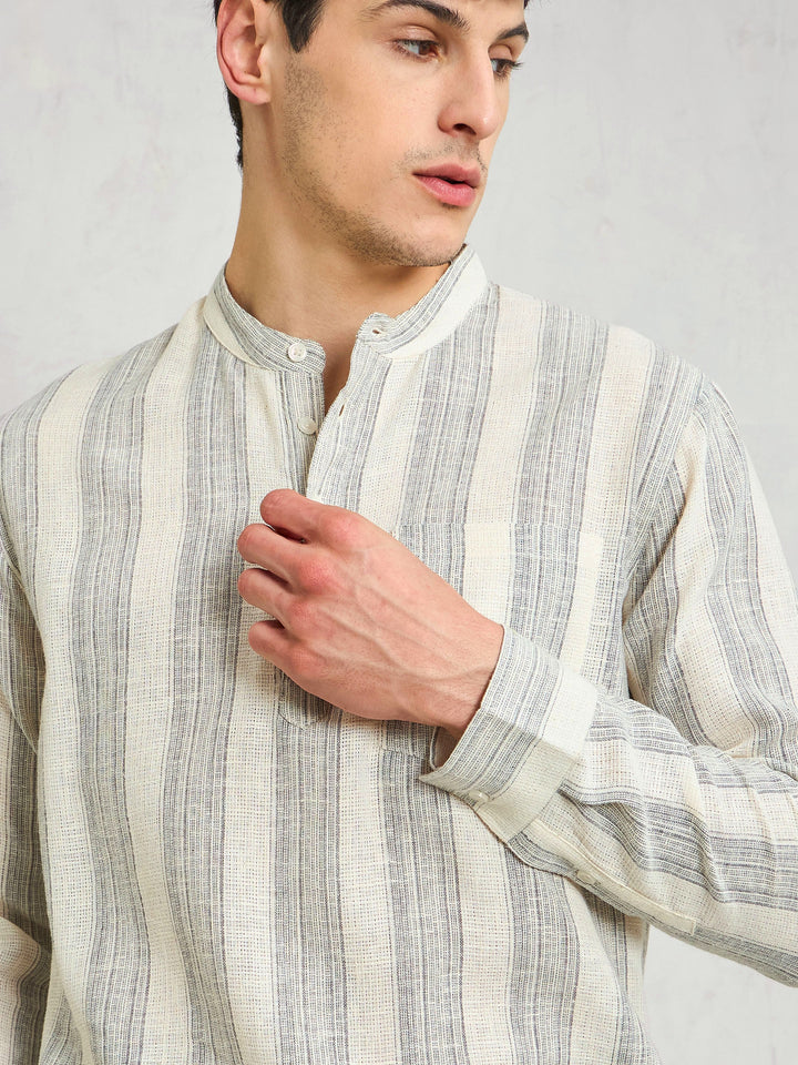 Men Beige &amp; Grey Cotton Relax Fit Kurta Shirt