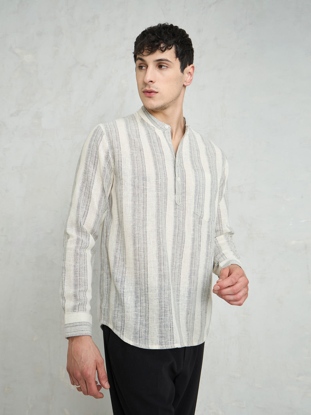Men Beige &amp; Grey Cotton Relax Fit Kurta Shirt