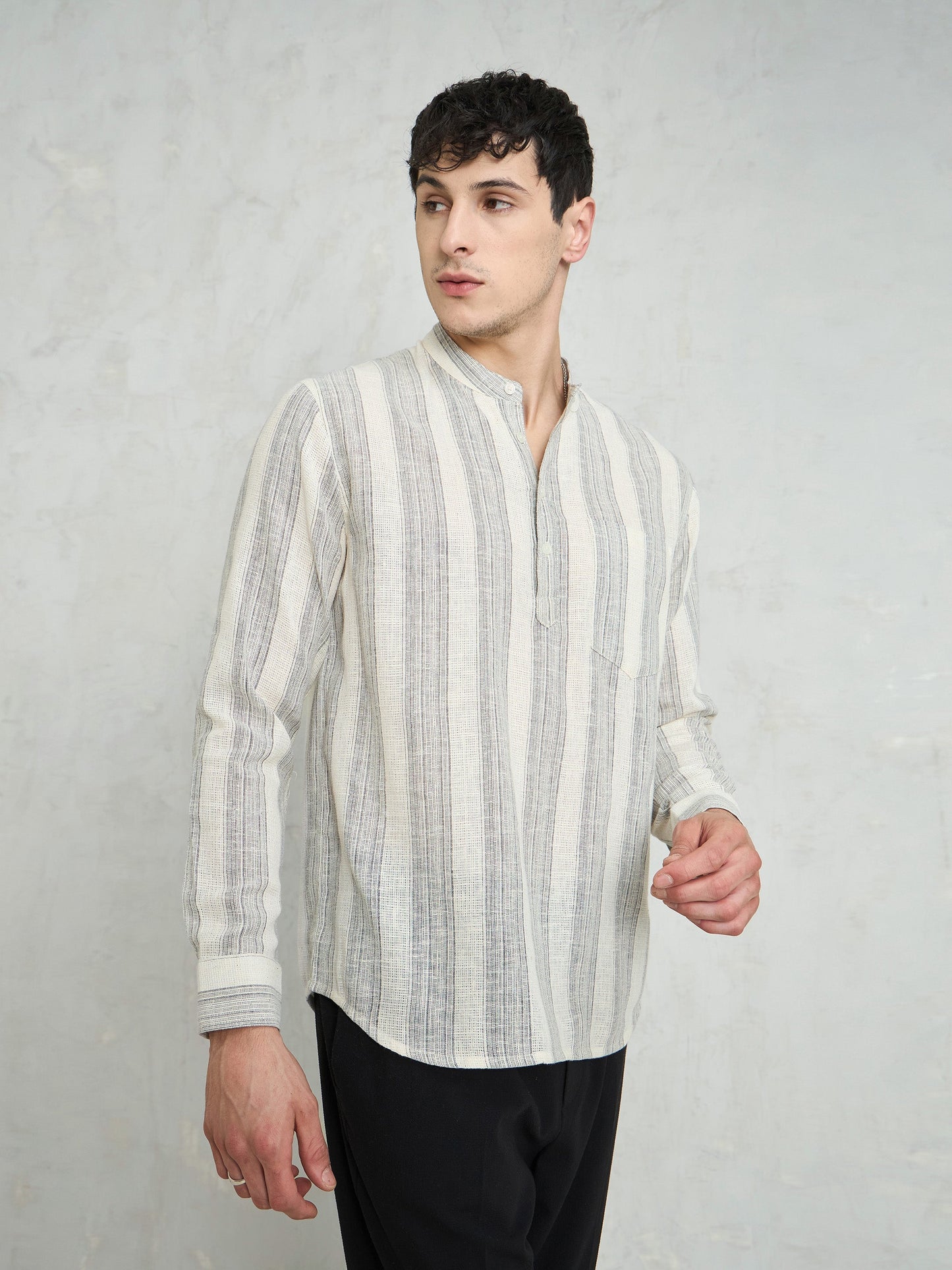 Men Beige & Grey Cotton Relax Fit Kurta Shirt