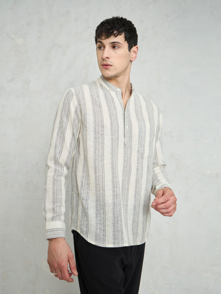 Men Beige &amp; Grey Cotton Relax Fit Kurta Shirt