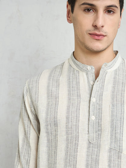 Men Beige & Grey Cotton Relax Fit Kurta Shirt
