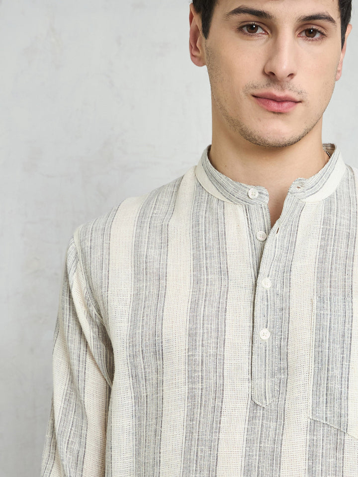 Men Beige &amp; Grey Cotton Relax Fit Kurta Shirt