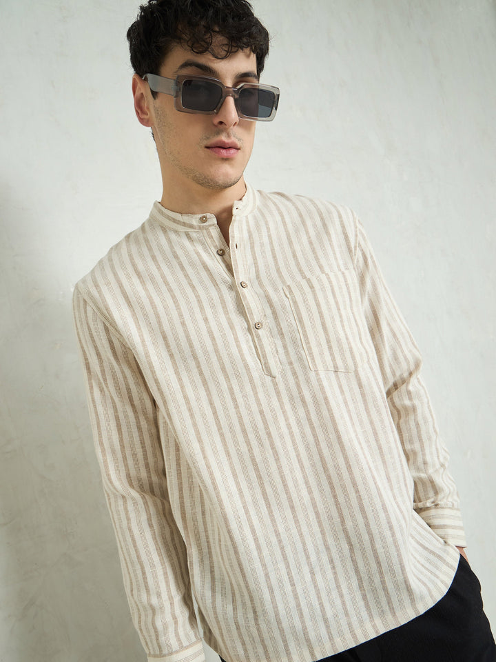 Men Beige &amp; Brown Stripes Relax Fit Kurta Shirt