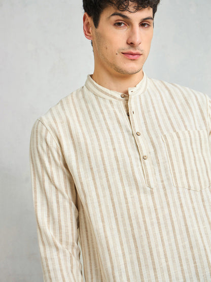 Men Beige & Brown Stripes Relax Fit Kurta Shirt