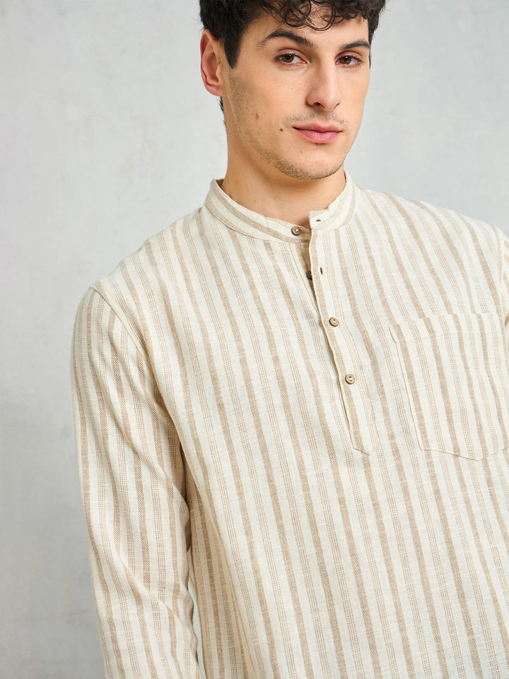Men Beige &amp; Brown Stripes Relax Fit Kurta Shirt