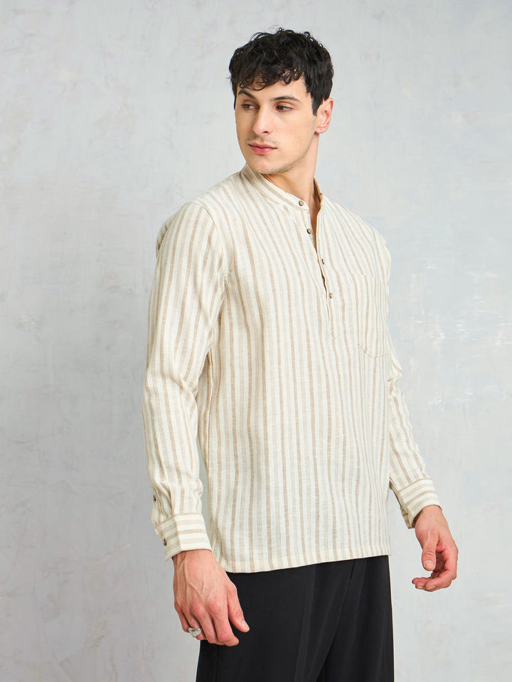 Men Beige &amp; Brown Stripes Relax Fit Kurta Shirt