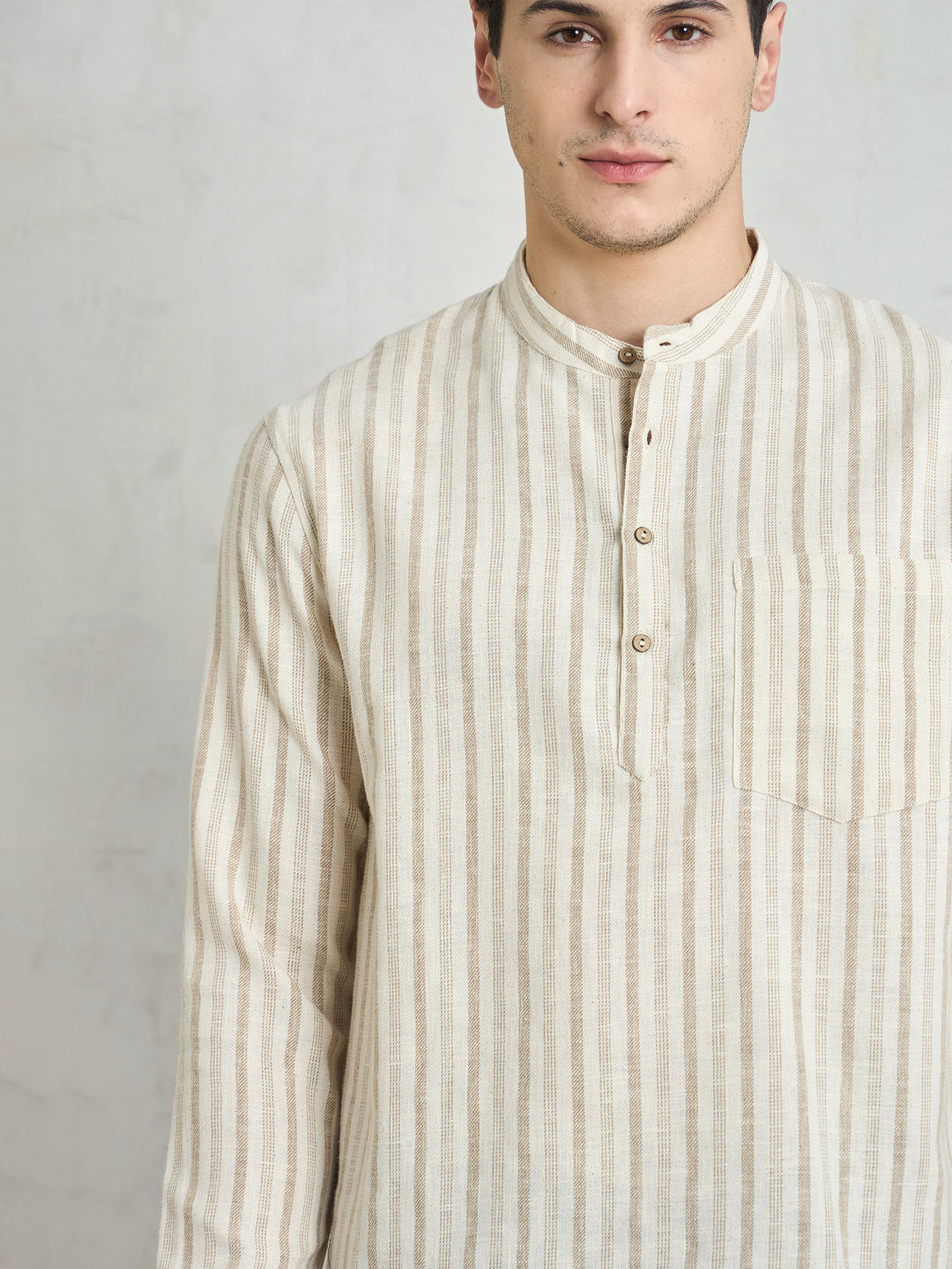 Men Beige &amp; Brown Stripes Relax Fit Kurta Shirt