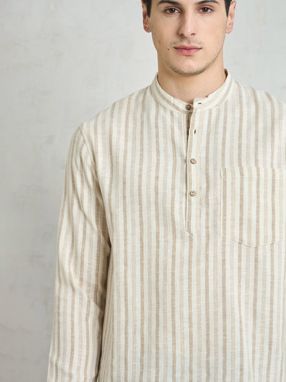 Men Beige & Brown Stripes Relax Fit Kurta Shirt