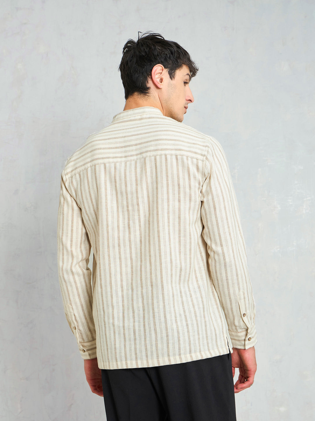 Men Beige &amp; Brown Stripes Relax Fit Kurta Shirt