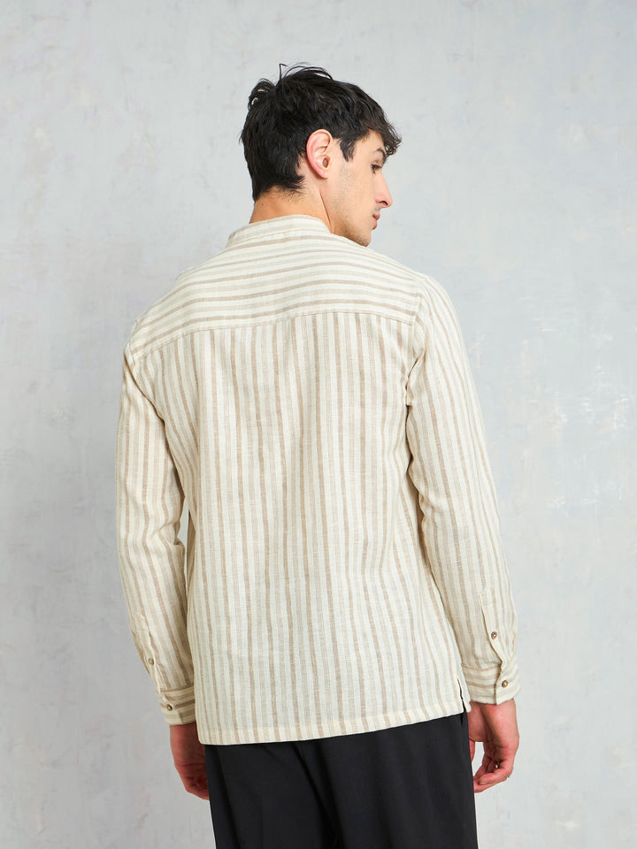Men Beige &amp; Brown Stripes Relax Fit Kurta Shirt