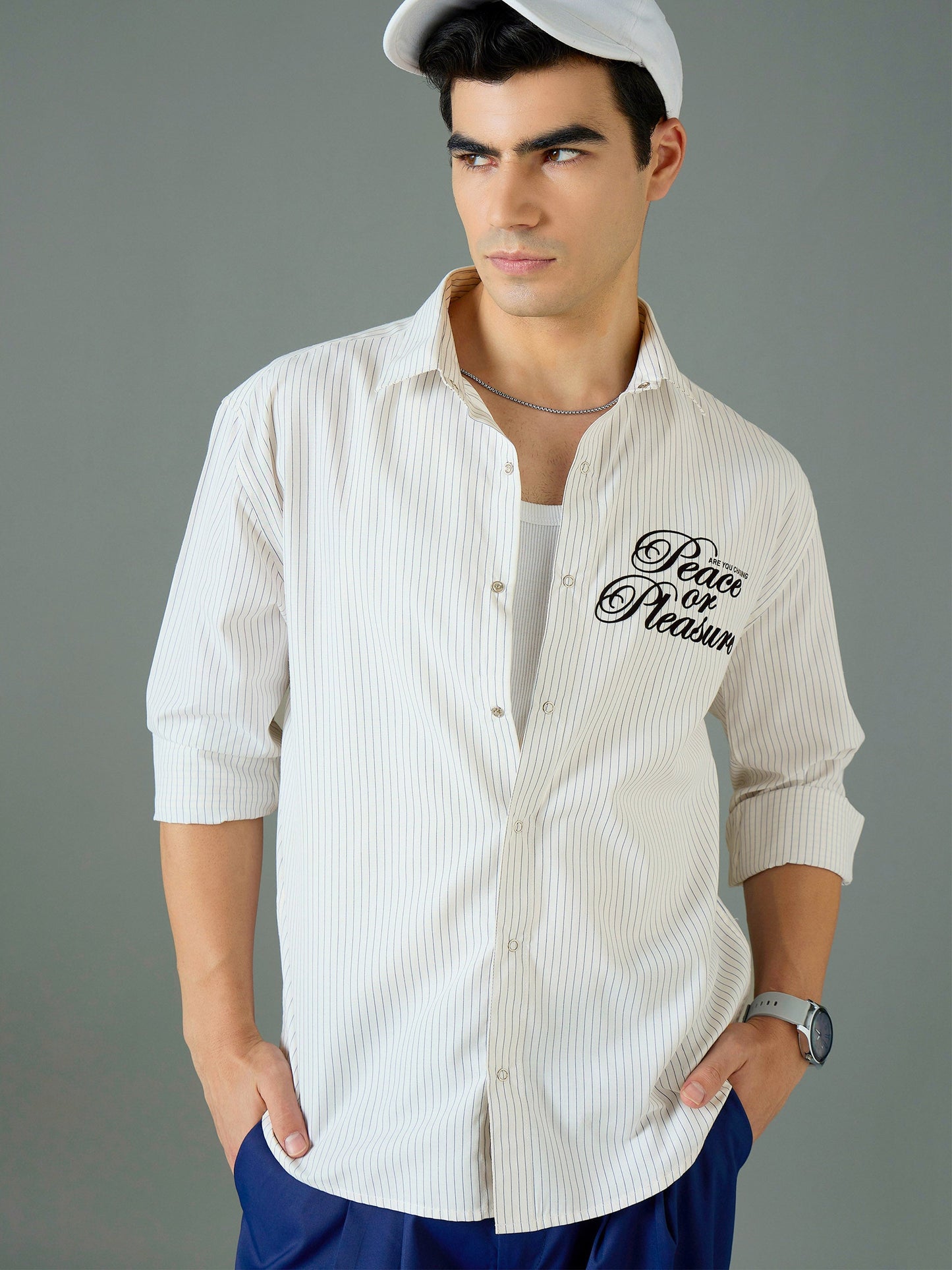 Men White & Blue PEACE OR PLEASURE Relax Fit Shirt