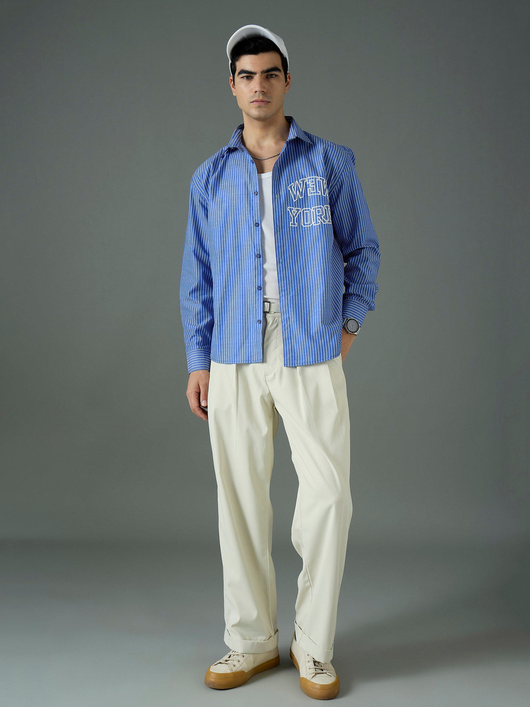 Men Navy &amp; White New York Relax Fit Shirt