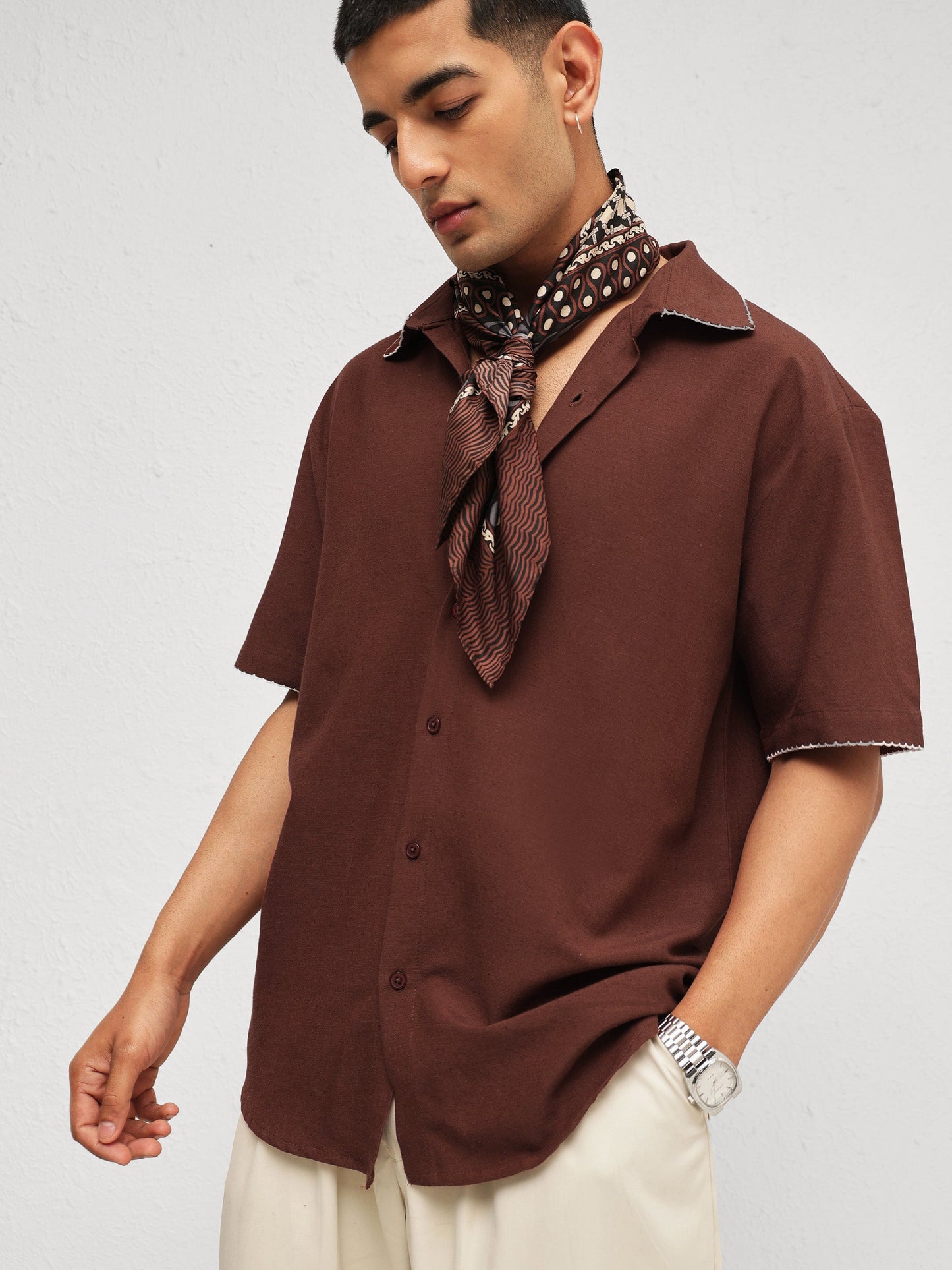 Men Brown Linen Thread Detail Relax Fit Short Sleeve Shirt