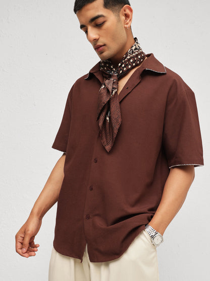 Men Brown Linen Thread Detail Relax Fit Short Sleeve Shirt