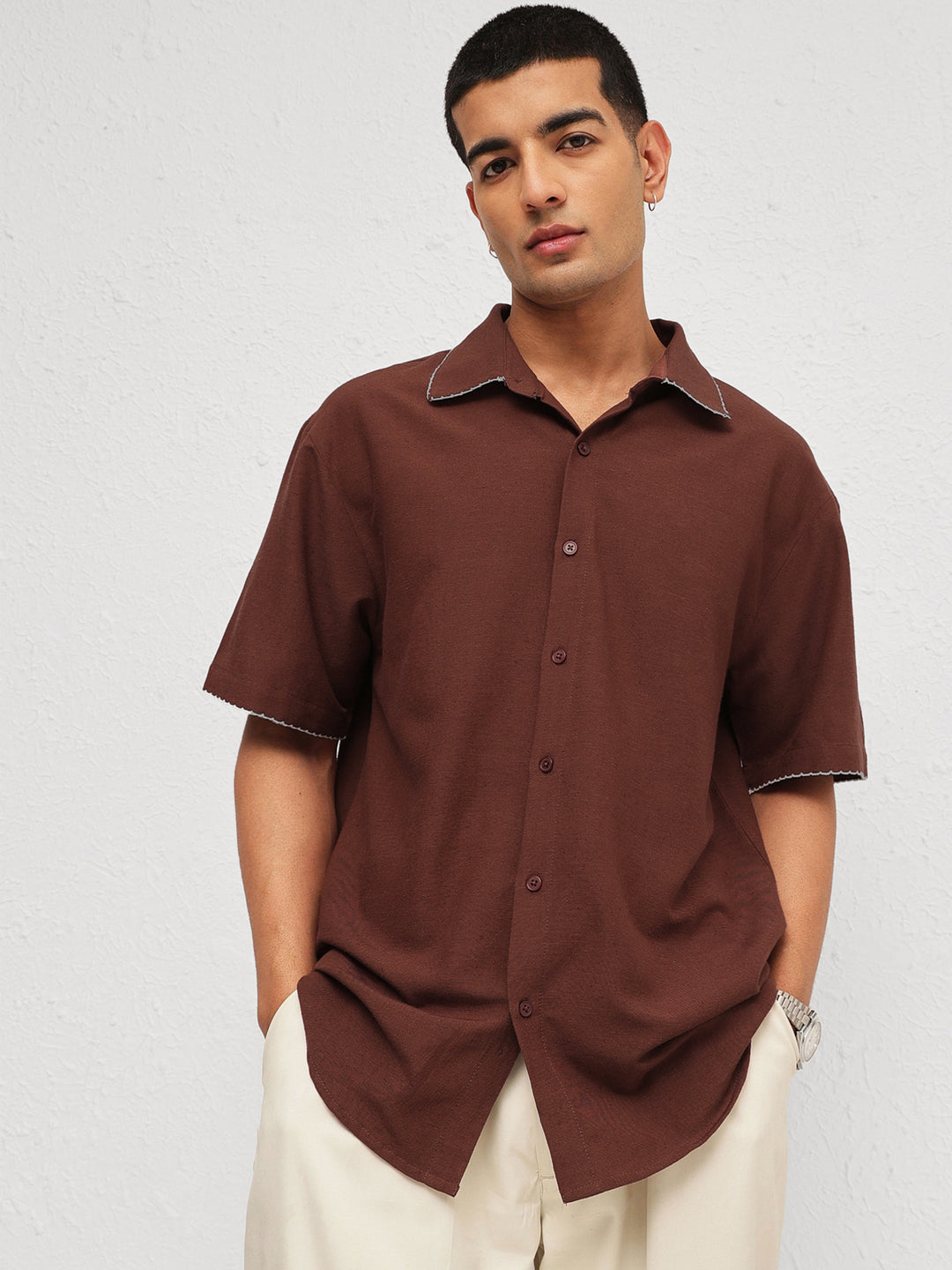 Men Brown Linen Thread Detail Relax Fit Short Sleeve Shirt