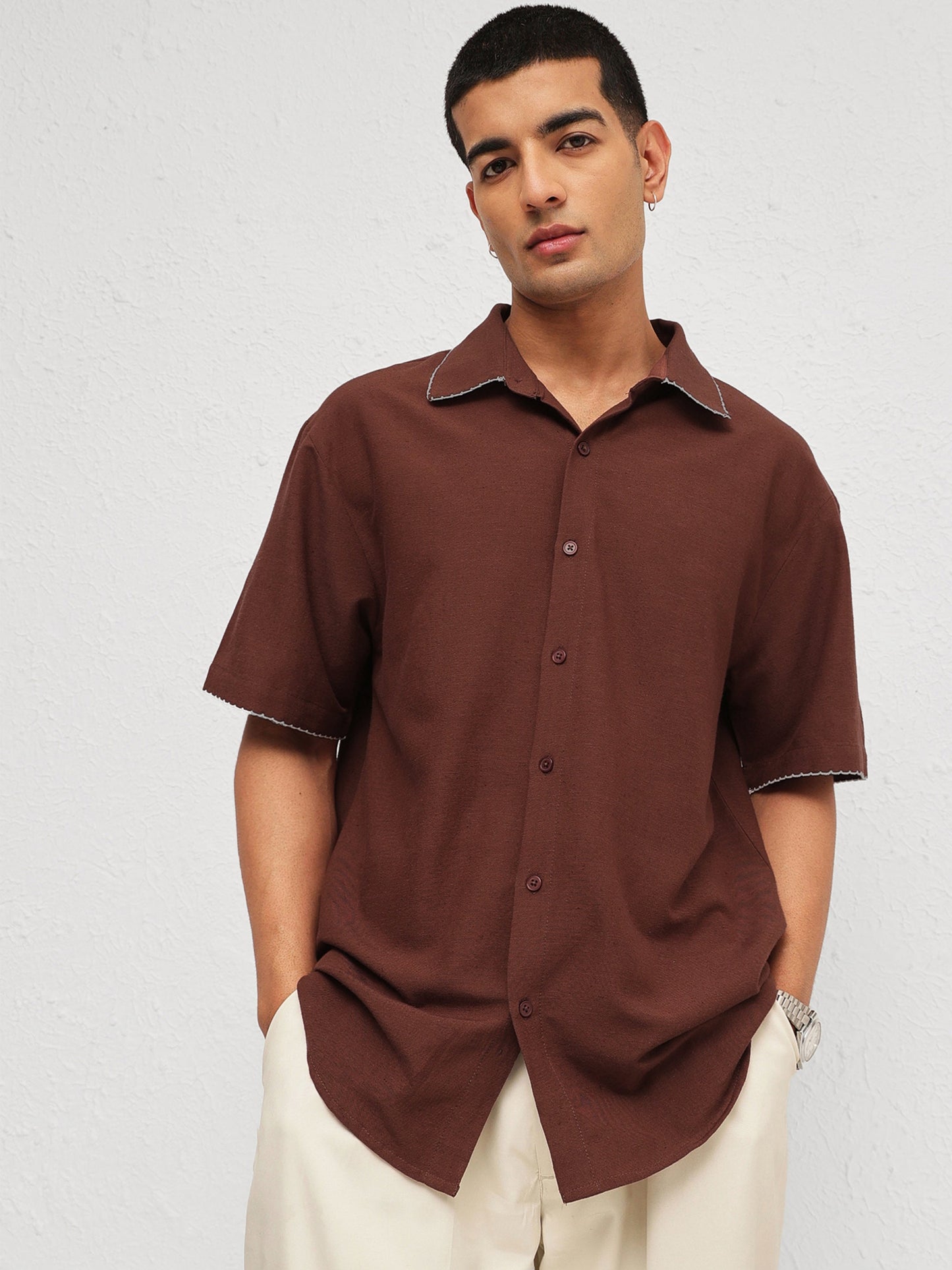 Men Brown Linen Thread Detail Relax Fit Short Sleeve Shirt