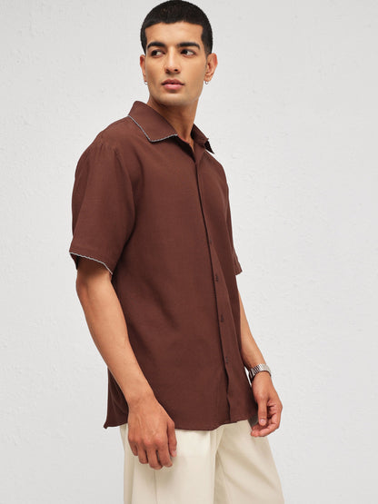 Men Brown Linen Thread Detail Relax Fit Short Sleeve Shirt