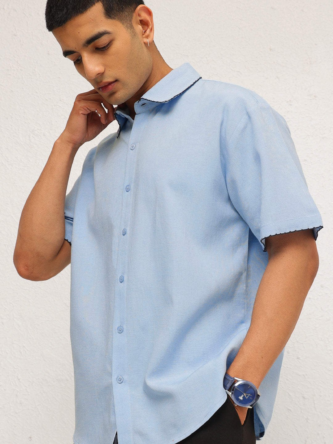 Men Blue Linen Thread Detail Relax Fit Short Sleeve Shirt