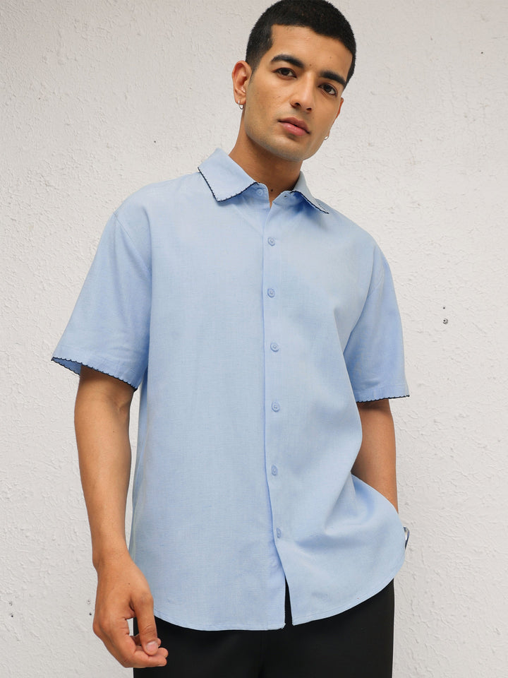 Men Blue Linen Thread Detail Relax Fit Short Sleeve Shirt